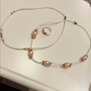 Vintage White and Orange Beaded Necklace